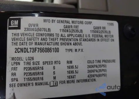 2006 Chevrolet Equinox Lt from USA, damaged, VIN 2CNDL73F766086100